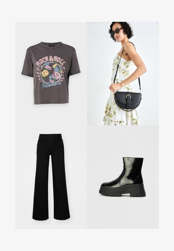 JDY JDYFAROCK ELINA - Marškinėliai su spaudiniu - phantom; Juodos plačios kelnės iš denimo, turinčios struktūruotą juosmenį, diržo kilpas ir priekines kišenes. Lygus paviršius su klasikinio dizaino elementais.; Juodas blizgus kulkšninis botas su storu iškilniu padu ir apvaliu pirštu, šoninis vaizdas ant vientiso šviesiai pilko fono.; Juodas odinis krepšys su išlenkta forma, nuimamu dirželiu ir auksiniais detalėmis. Krepšys turi kilpą su sagtimi.