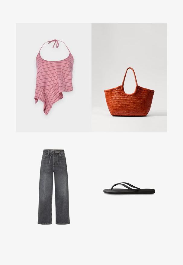 Pruhovaný halter top v růžové a bílé barvě s volným, asymetrickým designem a zavazováním na krku. Měkčená, lehká tkanina.; Černé džíny s vysokým pasem a širokými nohavicemi, s předními kapsami a látkovým páskem uvázaným do mašle v pase.; Černé žabky s texturovanou gumovou podrážkou, dvěma štíhlými popruhy a jemným, embosovaným logem na popruhu.; DRAGON DIFFUSION NANTUCKET BASKET BIG - Kabelka - naranja