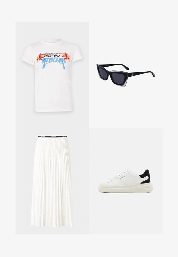 Baltas kokvilnas T-krekls ar daudzkrāsainu grafisko druku, kurā redzams "VERSACE JEANS COUTURE" un grezni akcenti sarkanā un zilā krāsā.; Gari plānas baltas svārku ar melnu elastīgu jostu, uz kuras redzams "LACOSTE" logo. Vidēja garuma dizains ar mīkstu tekstūru.; Baltas ādas sporta apavi ar biezu balto zoli, melna zamša uzpura un izspiestais logotips sānos. Šņorējuma dizains ar sešiem acu caurumiem.; Melni pārmēru saulesbrilles ar ģeometrisku formu, kas aprīkotas ar tumšiem stikliem un kontrastējošu pelēku akcentu uz rāmja. Logo uz kājas.