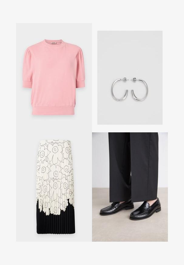 Vaaleanpunainen lyhythihainen toppi, joka on valmistettu pehmeästä kankaasta ja jossa on pyöreä kaula-aukko sekä puffihihat. Alaosa on istuva.; Pleated hame ilman kukkakuviota mustavalkoisena, jossa on vaaleat kukkakuviot yläosassa ja kiinteä musta alareuna.; Mustat nahka loaferit, joissa on sileä pinta, tikattu yksityiskohta varpaiden ympärillä ja matala kumipohja. Yhdistetty leveiden mustien housujen kanssa.; Hopehopeet hopehopeet hopehopeet hopehopeet, jolla on sileä, kiiltävä pinta. Pyöreä muoto, kevyt rakenne, jossa on neulakiinnitys.