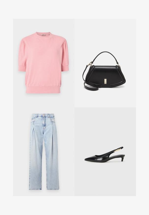 Pink short-sleeve top made of soft fabric, featuring a round neckline and puffed sleeves, with a fitted hem at the bottom.; Light blue denim jeans with a high waist, wide-leg cut, two side pockets, and pleated design feature. Soft texture with a faded finish.; Black leather slingback heels with a pointed toe, featuring a slim heel and a gold-tone accent on the adjustable strap. Smooth texture.; Black leather handbag with a structured design, featuring a cropped shape, top handle, and gold hardware accent. Adjustable shoulder strap included.