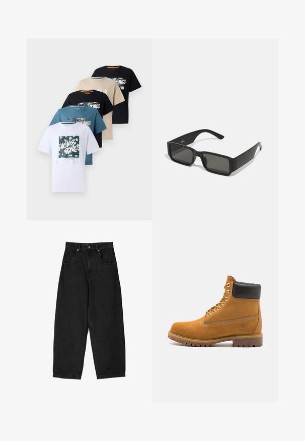 Päť tričiek s krátkym rukávom v bielej, tyrkysovej, béžovej, čiernej a tmavomodrej farbe, so grafickými potlačami na prednej strane s rôznymi kvetinovými vzormi.; Čierne denimové nohavice s širokými nohavicami a vysokým pásom, s piatimi vreckami, zapínaním na zips a kovovým gombíkom. Hladká textúra, minimálne detaily.; Tyrkysové semišové členkové topánky s čiernym polstrovaným golierom, zlatými kovovými očkami, bielym prešívaním a robustnou gumovou podrážkou s výraznými drážkami.; Čierne slnečné okuliare s obdĺžnikovými šošovkami, matný plastový rám a rovné hrany. Obsahujú logo značky na vnútornej strane ramenka.