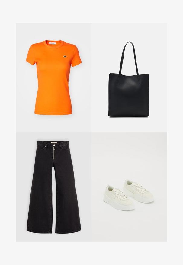 Lacoste Jednoduché tričko - buoy; Džíny s širokými nohavicemi v černém denimovém provedení se zipem vpředu, pěti kapsami a jemnými švy. Hladká textura a ležérní styl.; Bílé nízké tenisky s tlustými podešvami a tkaničkami, s perforovanými detaily po stranách a na špičce, vystavené na bílém pozadí.; Černá kožená taška přes rameno s hladkým povrchem, obdélníkovým tvarem a dvěma dlouhými uchy. Žádné viditelné kování ani ozdoby.