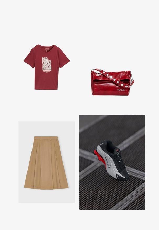 Bordo medvilnės marškinėliai su apvaliu iškirpimu, trumpomis rankovėmis, su balta grafiką, vaizduojančia abstrakčius tropinius augalus ir tekstą po jais.; Kelio ilgumo, rengimo sijonas šviesiai rudos spalvos medvilnės, su prigludusia juosta ir diržo kilpomis, bei tiesiu apatine dalimi.; Juoda ir pilka sportinė avalynė su raudonu paminkštintu padu, juodais raišteliais ir swoosh logotipu, gulinti ant metalinės grotelių paviršiaus.; Raudona sintetinės odos petneša su sulankstomu dangčiu, sidabriniai snapų akcentai ant diržo ir užrašas "Desigual".
