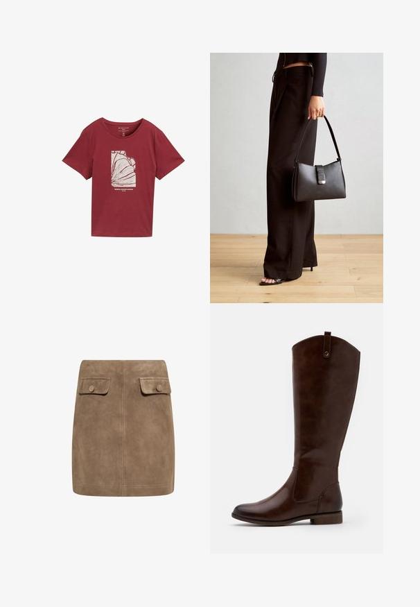 Bordeauxfarbiges Baumwoll-T-Shirt mit Rundhalsausschnitt und kurzen Ärmeln, das ein weißes Grafikelement mit abstrakter tropischer Blattgestaltung und darunterstehendem Text zeigt.; Brauner Wildleder-Minirock mit glatter Textur, ausgestattet mit zwei vorderen Klappentaschen und Druckknopfverschlüssen an beiden Seiten. Schlichtes, gerades Design.; Braune kniehohe Stiefel aus glattem Leder, mit runder Zehenform, niedrigem Blockabsatz und einem dezente Stichmuster an den Seiten.; Schwarze Handtasche mit strukturierter Form, glatter Textur und einem metallischen Verschluss. Kombiniert mit weiten schwarzen Hosen und offenen Sandalen auf einem Holzboden.
