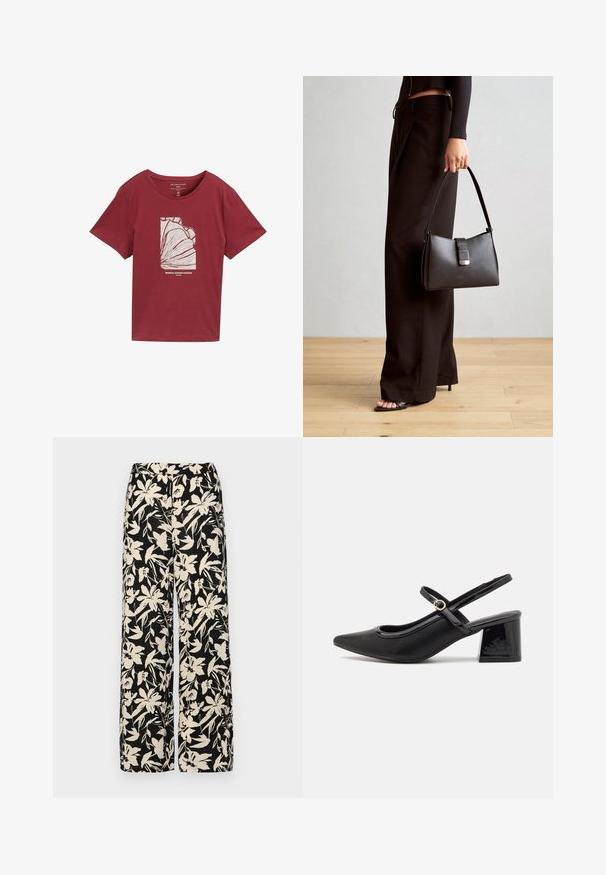 Burgundia puuvillane T-särk ümmarguse kaeluse ja lühikeste varrukatega, millel on valge graafiline kujundus abstraktsetest troopilistest lehestikest ja allpool olev tekst.; Mustad laiad püksid kreemja lillemustriga. Valmistatud kergest kangast, millel on sile tekstuur ja kõrge vöökoht.; Mustad läikivad nahast slingback-kõrged kontsad, millel on terav nina, ümar lõikekujundus ja blokknina. Omab kuldset nupu aktsenti.; Must musta kott, millel on struktureeritud kuju, sile tekstuur ja metallist klamber. Kombineeritud laiate mustade pükstega ja avatud varvaste sandaalidega puidust põrandal.