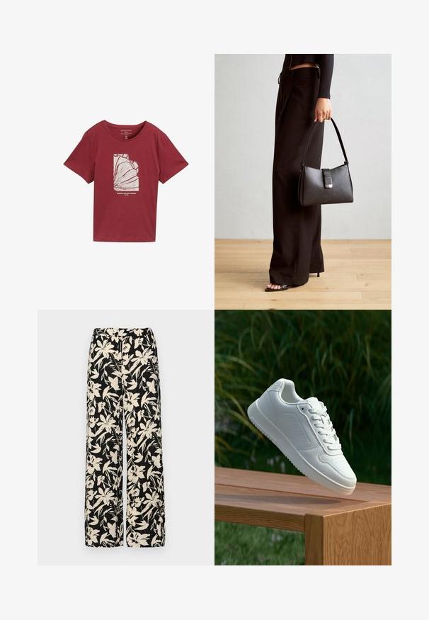 Burgundia puuvillane T-särk ümmarguse kaeluse ja lühikeste varrukatega, millel on valge graafiline kujundus abstraktsetest troopilistest lehestikest ja allpool olev tekst.; Mustad laiad püksid kreemja lillemustriga. Valmistatud kergest kangast, millel on sile tekstuur ja kõrge vöökoht.; Valged sneakerd, millel on sile sünteetiline ülemine osa, väikeste aukudega varvaskast, lamedad paelad ja tekstuuriga tald, eksponeeritud puidust pinnal.; Must musta kott, millel on struktureeritud kuju, sile tekstuur ja metallist klamber. Kombineeritud laiate mustade pükstega ja avatud varvaste sandaalidega puidust põrandal.