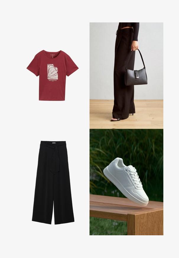 Bordo pamučna majica s okruglim izrezom, kratkim rukavima, s bijelim grafičkim dizajnom apstraktnog tropskog lišća i tekstom ispod.; Crne široke hlače od teksturirane tkanine, s elastičnom pojasom i odvojivim remenom na struku za prilagodivo pristajanje.; Bijela tenisica sa glatkim sintetičkim gornjim dijelom, perforiranim prednjim dijelom, ravnim vezicama i teksturiranom potplatom, prikazana na drvenoj površini.; Crna torba s oblikom koji sadrži strukturu, glađu teksturu i metalnu kopču. Uparena s širokim crnim hlačama i sandalama na otvorenom s drvenog poda.