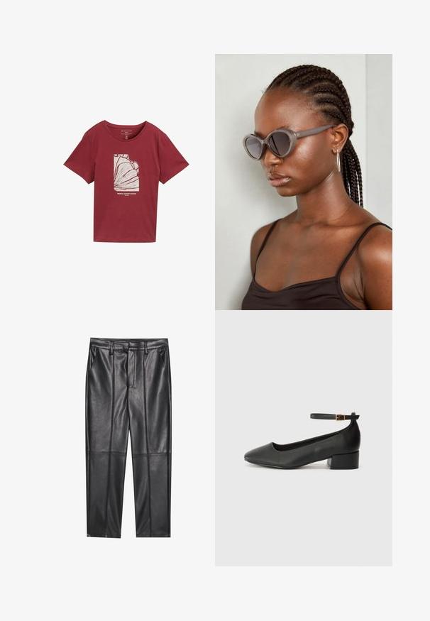 Bordová bavlnená tričko s okrúhlym výstrihom a krátkymi rukávmi, s bielym grafickým dizajnom abstraktného tropického rastlinstva a textom pod ním.; Čierne kožené nohavice s hladkou textúrou, rovného strihu, s dvoma prednými vreckami a viditeľným švom.; Čierne kožené lodičky s špicatou špičkou a nízkym blokovým podpätkom. Obsahuje remienok okolo členka so zlatým prackou. Hladký povrch.; Šedé nadrozmerné slnečné okuliare so zaobleným tvarom a tmavými sklami. Elegantný plastový rám s hladkým povrchom. Model má vrkoč.
