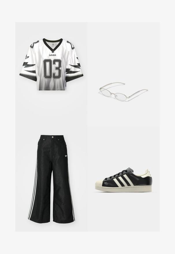 Balta īsā džersija ar melniem akcentiem, ar numuru "03", sietveida struktūra, V veida kakla izgriezums un Adidas logo uz krūtīm un piedurknēm.; Melni platās kājas džinsi ar trim baltām svītrām katrā pusē un mazu baltu logotipu. Iezīmē priekšējos kabatas un pogu aizdari.; Melna ādas sporta apava ar baltām svītrām, gumijas purngala aizsardzību, melnām auklām un krēma krāsas zoli. Gluda tekstūra ar spīdīgu apdari.; Ovālas brilles ar metāliski sudraba rāmi, caurspīdīgām lēcām un teksturētām pērlīšu akcentiem uz tempļiem. Viegls dizains ar izliektiem kājiņām.