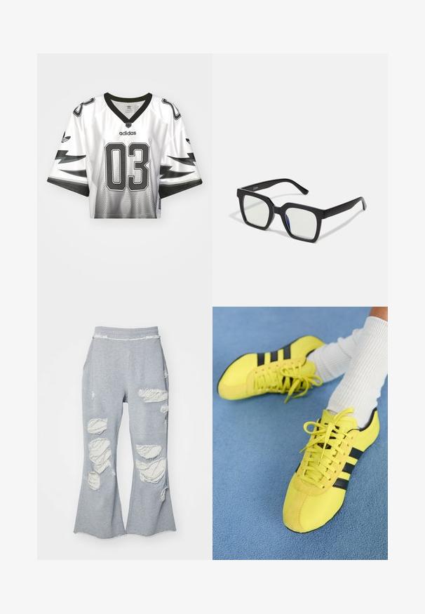 Tricou scurt alb cu accente negre, prezintă numărul "03", textură de plasă, decolteu în V și logo-ul Adidas pe piept și mâneci.; Pantaloni de trening gri cu un design cu picior flared, având multiple petice deteriorate care expun o țesătură mai deschisă. Brâu elastic pentru confort.; Pantofi de sport galbeni strălucitor cu dungi negre și șireturi; prezintă un material texturat la partea superioară și accente din piele de căprioară. Purtați cu șosete albe cu model cu benzi.; Ochelari de soare negri cu un finisaj mat, având lentile transparente și o ușoară nuanță albastră pe o parte. Design robust și unghiular.