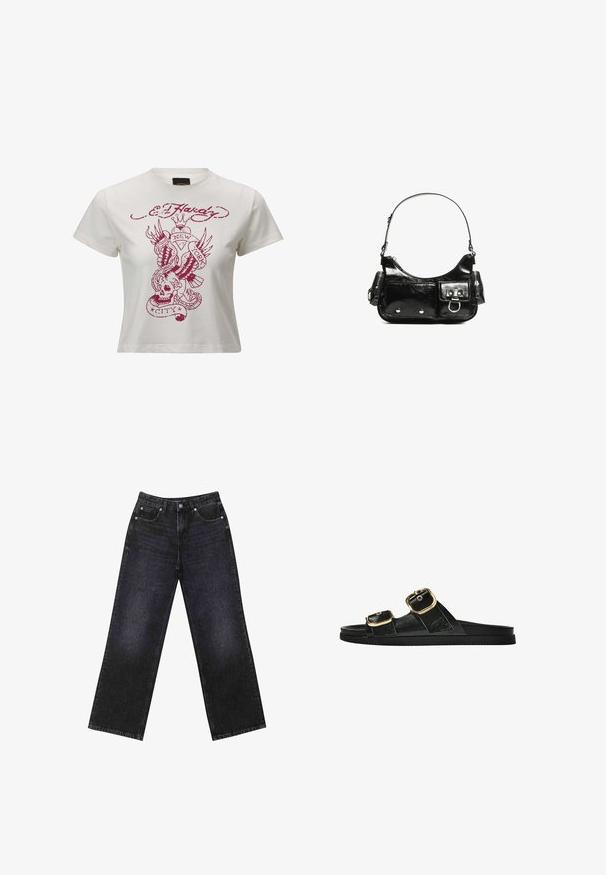 Ed Hardy NYC  - Triko s potiskem - white; Černé džíny s vysokým pasem a širokým střihem, pět kapsami a viditelným švem. Materiál má hladký, mírně strukturovaný povrch.; Černé kluzné sandály s dvěma zlatými sponami, hladkým texturovaným materiálem, plochou podrážkou a minimalistickým designem.; Černá lakovaná kožená kabelka s křivkovým tvarem, jedním ramenním popruhem, předními kapsami a stříbrnými kovovými detaily.