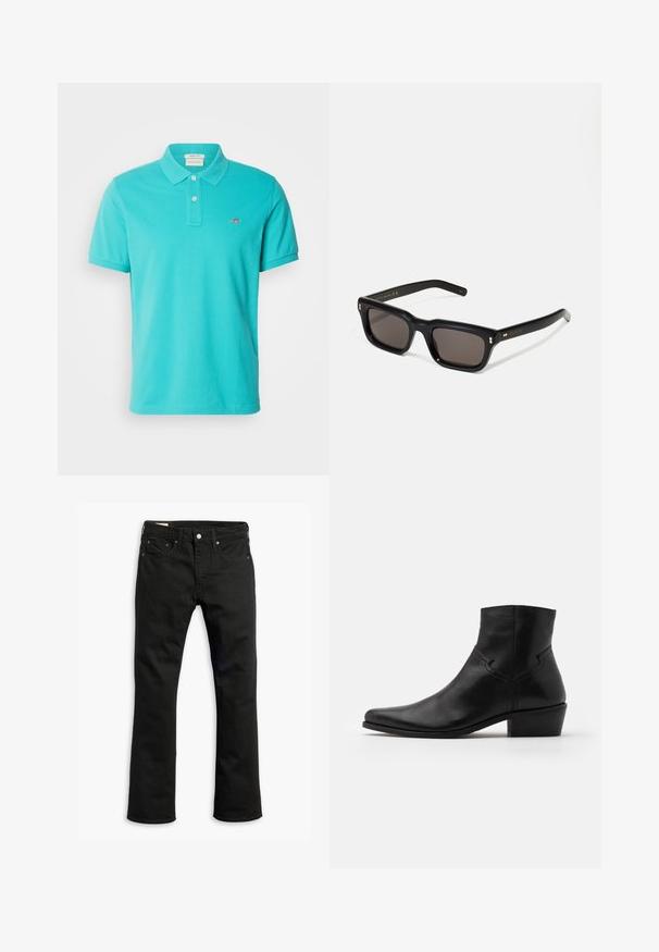 GANT REG SHIELD SS - Poloskjorter - lagoon blue; Svarte denimjeans med rett ben-design, fem lommer, metallknappelukking og subtile stikkingdetaljer. Glatt tekstur og ensfarget.; Sorte skinn ankelstøvel med spiss tå, minimale sømdetaljer, en midhøy blokkhelle og en glatt, polert finish.; Sorte rektangulære solbriller med mørke linser, tykk plastikkramme, gullaccenter på skulderpartiet og merkevarelogo gravert på armen.