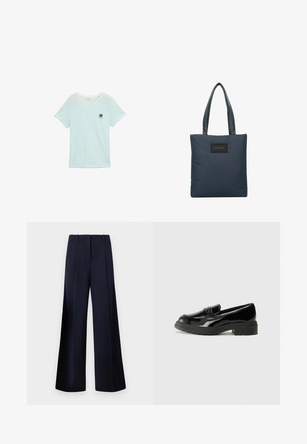 Mėlynas ir baltas raišteliais marškinėliai, trumpomis rankovėmis, su apvaliu iškirpimu, pagaminti iš lengvo medvilnės audinio. Ant krūtinės yra saulės grafika.; TOM TAILOR LEA WIDE - Kelnės - sky captain blue; Juodi lakiniai loafersai su storu juodu guminiu padu, pasižymintys siūtais priekiais ir lygiu, blizgiu paviršiumi.; Tamsiai mėlyna rankinė, pagaminta iš lygios nailono, su dviem tekstūruotais rankenomis ir juodu stačiakampiu logotipo pleistru priekyje.