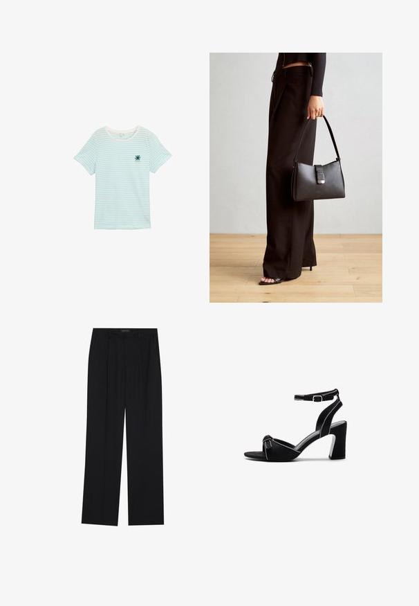 Tricou cu dungi albastre și albe, cu mânecă scurtă, decolteu rotund, din material ușor de bumbac. Are un grafic cu soare pe piept.; Pantaloni negri cu un design drept, dotati cu doua buzunare frontale si un talie. Fabricati dintr-un material usor si neted.; Sandale cu toc din suede negru, cu toc bloc larg, curea ajustabilă pentru glezne, design cu vârf deschis și detalii cusute în contrast.; Genți negre cu o formă structurată, textură netedă și un închizător metalic. Asortată cu pantaloni negri largi și sandale cu vârf deschis pe un podea din lemn.