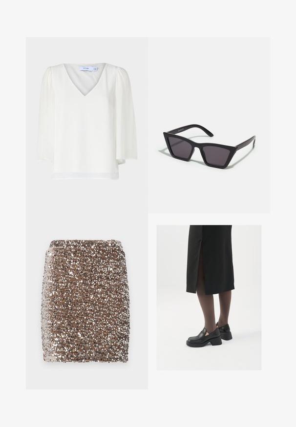 VILA VIMICADA V NECK - Camicetta - cloud dancer; Mini gonna marrone in paillettes con un design aderente, coperta di paillettes argentate riflettenti, che creano un effetto testurizzato e scintillante.; Scarpe in pelle nera con punta arrotondata, tacco spesso a blocco e accenti laterali in elastico, abbinate a collant scuri e una gonna nera con uno spacco.; Occhiali da sole neri e angolari con lenti grigie; realizzati in plastica, con aste spesse dalla superficie liscia e senza hardware visibile.