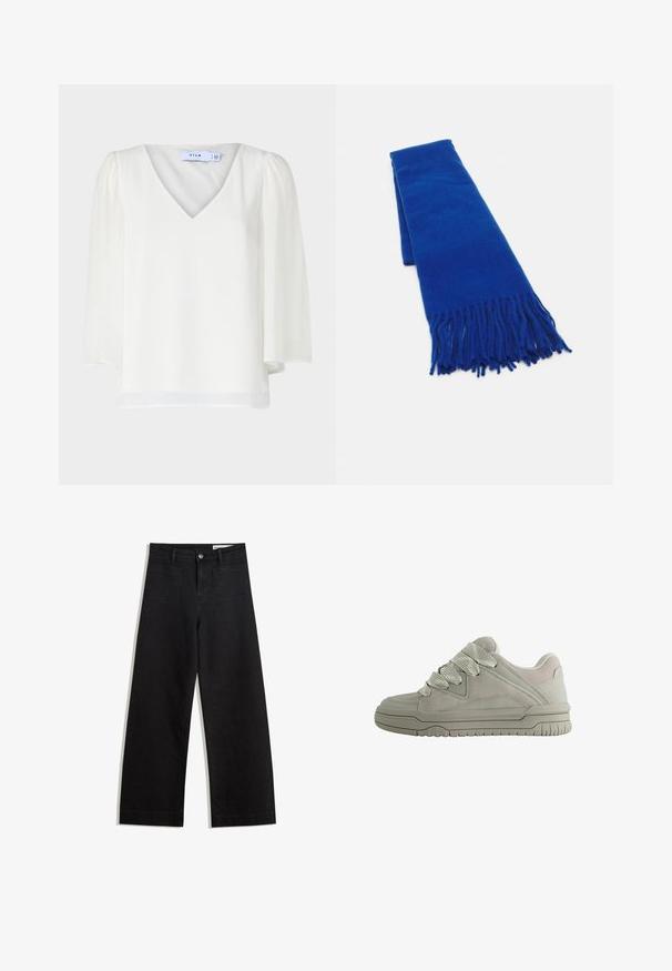 VILA VIMICADA V NECK - Blúz - cloud dancer; Fekete, bő szabású farmernadrág magas derékkal, elülső és hátsó zsebekkel, varrott felületekkel és gombos záródással. Sima textúra.; Világosszürke sportcipő, velúr és hálós felsőrésszel, vastag fűzőkkel, texturált gumi talppal és diszkrét varrási részletekkel.; Kék szőtt sál, bojtós végekkel, sima textúrával, téglalap alakú, és egyenletes színnel. Hideg időjárásra alkalmas.; Olívazöld bőrtáska laza fazonnal, különböző méretű kör alakú kivágásokkal és sötétebb és világosabb árnyalatú díszítésekkel.