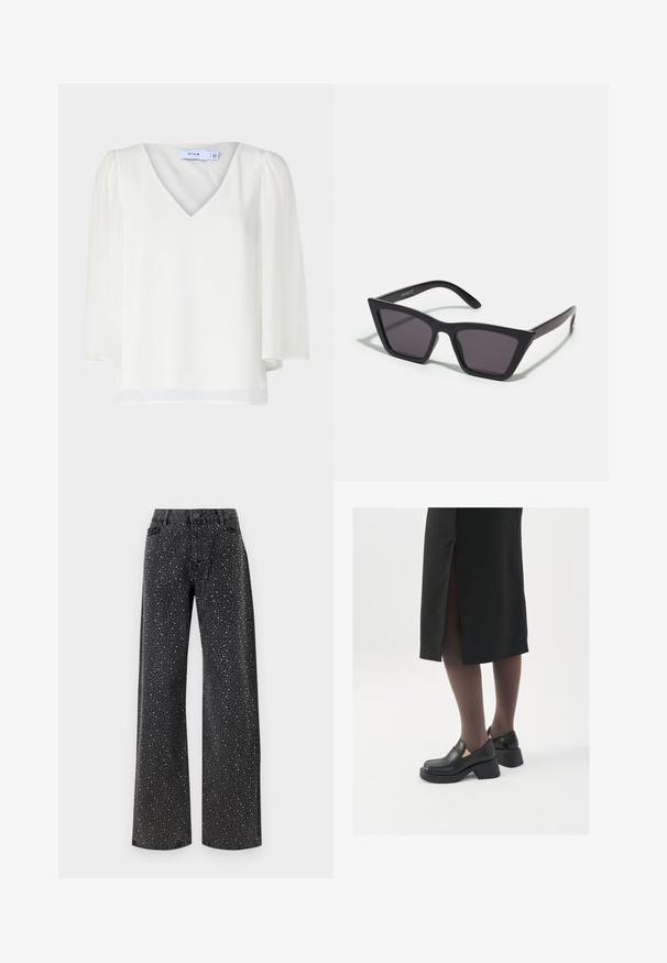 VILA VIMICADA V NECK - Blūze - cloud dancer; Noisy May NMJANNEL LOOSE - Brīva piegriezuma džinsi - black denim; Melni ādas apavi ar noapaļotu purngalu, biezām bloku papēžiem un elastīgiem sānu akcentiem, apvienoti ar tumšām zeķubiksēm un melnu svārku ar šķirbu.; Melni, stūrveida saulesbrilles ar pelēkiem objektīviem; izgatavotas no plastmasas, ar biezām kājām, kam ir gluda virsma un nav redzamu stiprinājumu.; Sudraba gredzenveida auskari ar minimālistisku dizainu. Cirkulāra forma, gluda tekstūra un plāns profils. Vieglu svaru ar spīdīgu apdari.