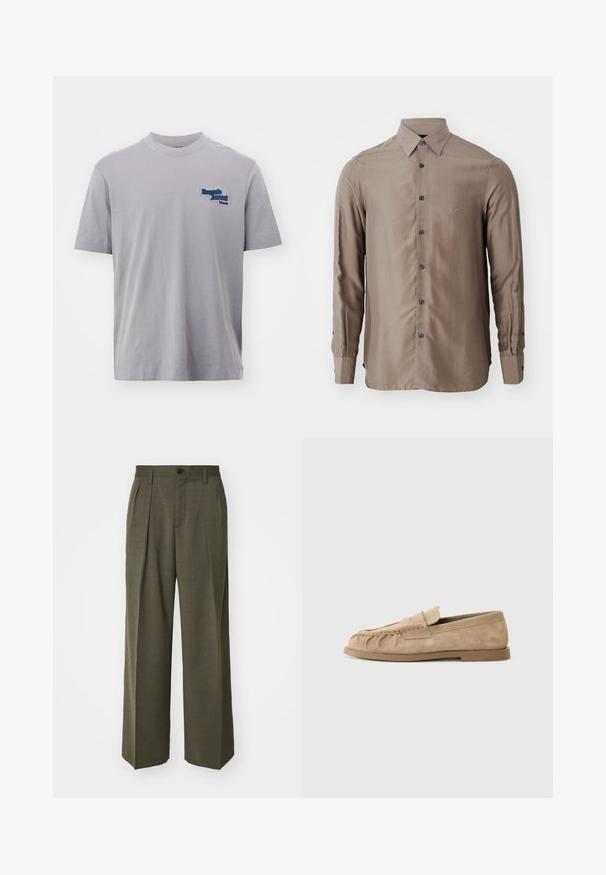 Emporio Armani Majica kratkih rukava s printom - chinagrey; Košulja dugih rukava u taupe boji, izrađena od glatkog materijala, s gumbima sprijeda i tamnim gumbima, te malim logotipom na prsima.; Filippa K WIDE TROUSERS - Hlače - driftwood; Bež antilop cipele bez vezivanja s nabranim dizajnom, s ravnim potplatom i ukrasnom trakom preko gornjeg dijela. Glatka tekstura.