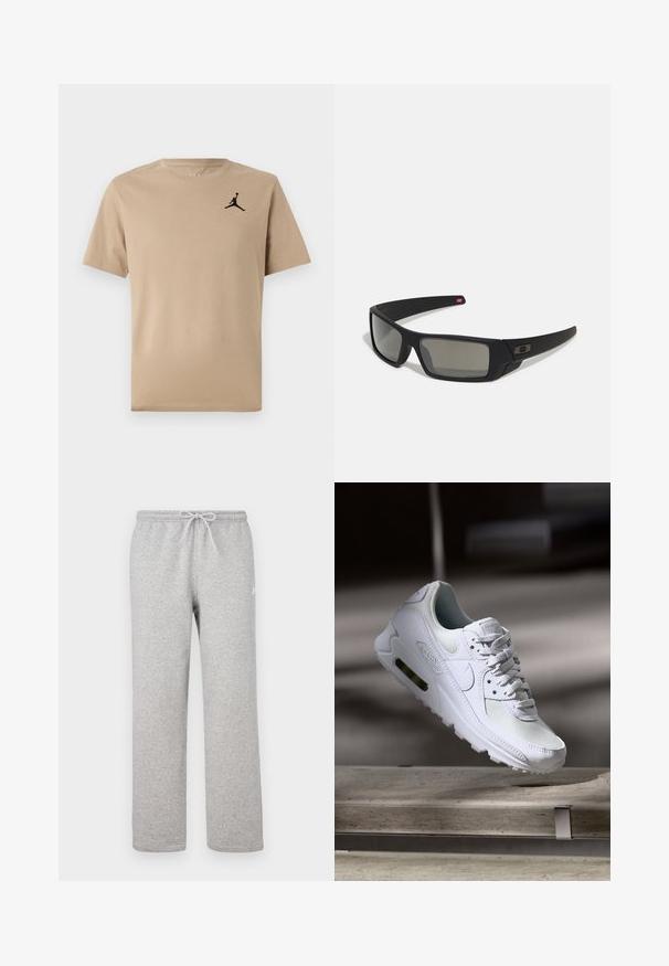 T-shirt di cotone beige con maniche corte, caratterizzato da un logo Jumpman nero sul lato sinistro del petto. Collo rotondo semplice e orlo dritto.; Pantaloni della tuta grigi con vita elastica e coulisse. Realizzati in tessuto morbido, presentano gambe dritte e un dettaglio logo sottile.; Sneaker Nike Air Max 90 bianco con tomaia in mesh e pelle, punta forata e un'unità air visibile nel tallone.; Occhiali da sole neri con finitura opaca, lenti rettangolari, leggero curvatura sulle tempie, dettaglio logo discreto e lenti color fumo.