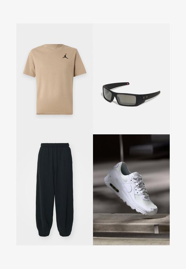 Beżowa bawełniana koszulka z krótkim rękawem, z czarnym logo Jumpman na lewej piersi. Prosty okrągły dekolt i prosty dół.; Czarne dresy z elastycznym pasem, luźny krój, ściśnięte nogawki, gładka tekstura, bez widocznych wzorów lub ozdób.; Białe sneakersy Nike Air Max 90 z siateczkowym i skórzanym wierzchem, perforowanym czubkiem oraz widoczną jednostką Air w pięcie.; Czarne okulary przeciwsłoneczne z matowym wykończeniem, prostokątne soczewki, lekko wygięte zauszniki, subtelny detal z logo oraz szkła w odcieniu dymnym.