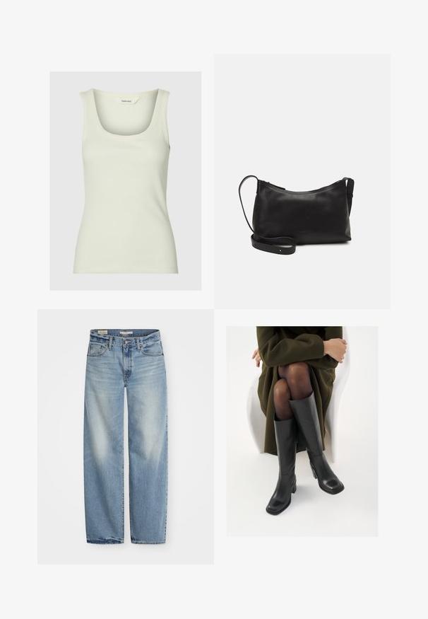 Ribiga tank top pehmes pastellrohelises värvitoonis, millel on ümar kaelus ja laiad rihmad. Valmistatud venivast puuvillasegistusest mugavuse nimel.; Heledad sinine laiad teksad, mis on valmistatud denimist. Omab nööp- ja lukutossu, viit taskut ning pleekinud viimistlust koos veidi kulunud äärega.; Knee-high mustad nahast saapad nelinurkse varbaga ja plokilise kontsaga, esitatud mudeli kõrval, kes istub oliivirohelises mantlis. Sujuv tekstuur, minimaalne detailide arv.; Mustmust nahk õlakotil on sile tekstuur, kumer kuju, reguleeritav rihm ja lukuga sulgemine. Minimalistlik disain ilma kaunistusteta.