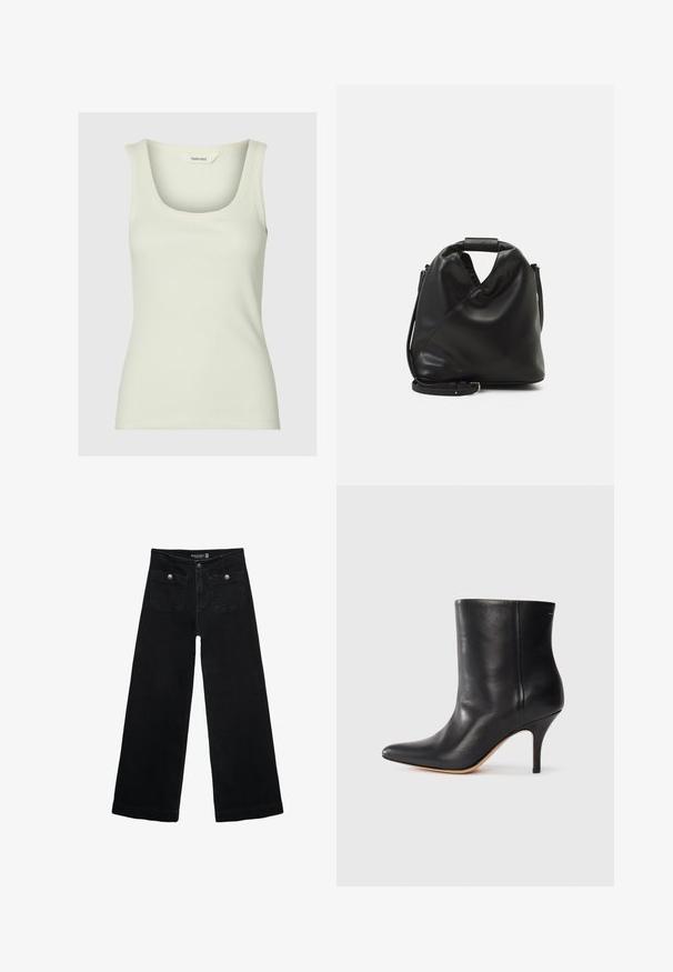 Ribbad linne i mjuk pastellgrön, med rundad halsringning och breda axelremmar. Tillverkad av ett stretcht tygblandning för komfort.; Svart vida jeans med hög midja, med två framfickor och metalldetaljer i form av knappar. Tyget har en mjuk textur.; Svart läderankelboot med spetsig tå, smal stilettklack och slät yta. Minimalistisk design utan synlig hårdvara eller dekorationer.; Svart, mjukt läderhandtag med en unik vriden design. Har ett kort handtag och ett avtagbart axelband. Minimalistisk stil.