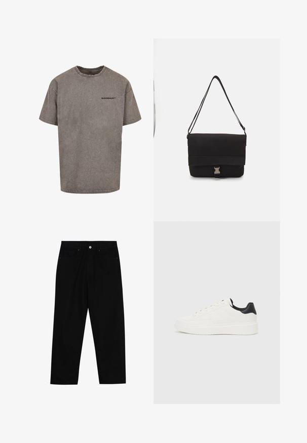 Graues, übergroßes T-Shirt aus Baumwolle mit einem abgenutzten Finish. Verfügt über einen runden Halsausschnitt und ein kleines schwarzes Logo auf der Brust.; Schwarze Jeans mit geradem Schnitt, Fünf-Taschen-Design und einem vorderen Knopfverschluss. Glatte Textur mit minimalen Nähten.; Weißes Leder-Sneaker mit geprägtem Muster, strukturierter weißer Zwischensohle und schwarzen Akzenten an der Ferse. Verfügt über eine abgerundete Zehenpartie und flache Schnürsenkel.; Schwarze Umhängetasche aus glattem Material, mit einem umklappbaren Deckel, silbernem Verschluss und verstellbarem Schultergurt.