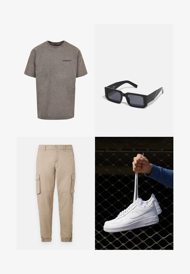 Grå oversized t-shirt lavet af bomuld med en slidset finish. Har en rund halsudskæring og et lille sort logo på brystet.; Beige cargo bukser i et letvægts bomuldsstof. Har elastiske manchetter, flere sidelommer og en knaplukning.; Hvide lædersneakers med perforeringer, rund tå, flad sål og tykke snørebånd, med et synligt swoosh-logo og "AIR" på hælen.; Sorte rektangulære solbriller med tykke stel og mørke linser. Designet med vinklede kanter og et diskret logo på stangen.