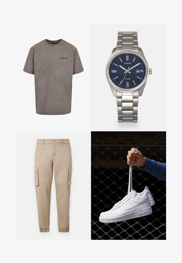 Pelēka, pārmērīga T-kreklu izgatavota no kokvilnas ar nolietotu apdari. Tam ir apaļa kakla izgriezuma forma un mazs melns logo uz krūtīm.; Bežīgas cargo bikses izgatavotas no viegla kokvilnas materiāla. Tām ir elastīgas aproces, vairākas sānu kabatas un pogu aizdare.; Baltas ādas sporta apavi ar perforācijām, apaļu purngali, plakanu zoli un biezām šņorēm, ar redzamu swoosh logo un vārdu "AIR" uz papēža.; Sudraba nerūsējošā tērauda rokas pulkstenis ar tumši zilu ciparnīcu, metalizētiem stundu rādītājiem un datuma logu pie pulksten 3. Ūdensizturīgs līdz 50 metriem.