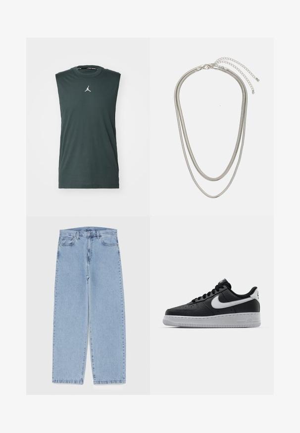 Sleeveless dark green t-shirt made of cotton, featuring a round neckline and a white Jordan logo on the chest.; Light blue denim jeans with straight leg design, featuring a mid-rise waist, five pockets, and a button and zipper closure.; Black leather sneaker with textured surface, white Nike swoosh, gray sole, round toe, and lace-up design. Features perforations on toe box.; Three-layered silver metal necklace featuring sleek, flexible chains with a slight sheen, secured with a lobster clasp and adjustable chain.