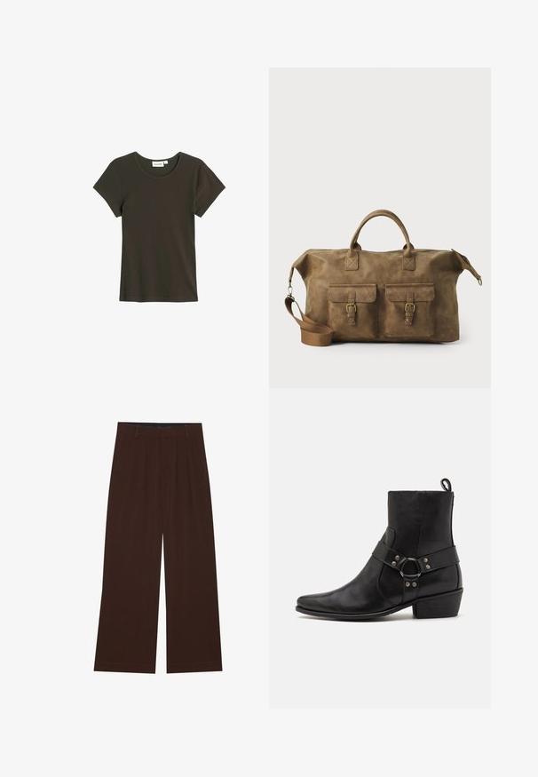 Donkergroen t-shirt met korte mouwen, gemaakt van zacht, geribbeld materiaal met een ronde hals en een relaxte pasvorm, met minimale stikdetails.; Bruine wijde broek met plooien. Gemaakt van een gladde stof, met een op maat gemaakt tailleband en zijzakken. Rechte zoom aan de onderkant.; Zwarte leren enkellaarzen met een spitse neus, een zijband met een ronde hardware accent en een lage blokhak. Glad textuur.; Bruine leren weekendtas met twee voorzakken, verstelbare schouderband, gouden hardware en stevige handvatten aan de bovenkant. Strakke textuur.