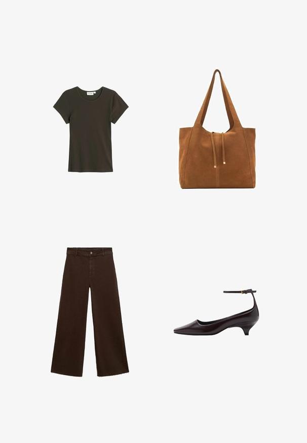 Dunkelgrünes T-Shirt mit kurzen Ärmeln, gefertigt aus weichem, geripptem Stoff, mit Rundhalsausschnitt und lockerer Passform, das minimale Nähte aufweist.; Braune, weit geschnittene Hosen aus Baumwollmischung mit fransigem Saum, vorderem Knopfverschluss und klassischem Fünf-Taschen-Design. Minimalistisch und vielseitig.; Dunkelbraunes, spitz zulaufendes Lederschuh mit Kitten-Heel, dünnem Knöchelriemen und kleiner goldener Schnalle.; Braune Wildleder-Tasche mit zwei langen Trägern, Zugverschluss und minimalistischem Design. Glatte Textur und keine sichtbaren Hardware-Details.