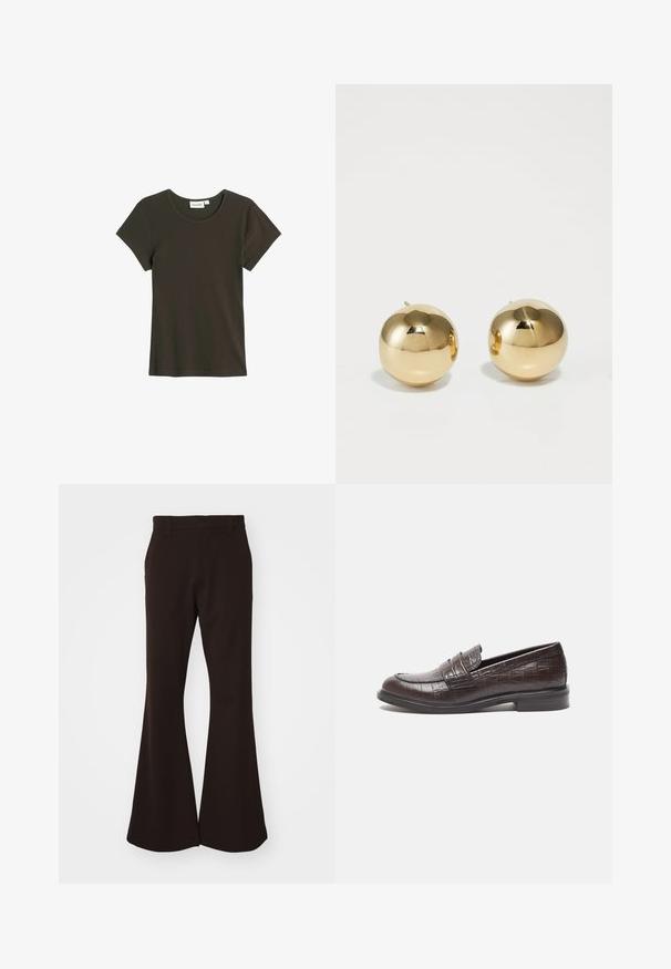 Tummanvihreä lyhythihainen t-paita, joka on valmistettu pehmeästä ribbikankaasta. Paidan kaulus on pyöreä ja leikkaus on rento, ja siinä on vain vähän ompelutietoja.; Ruskeat levenevät housut, jotka on valmistettu sileästä kankaasta. Niissä on vyötärönauha, jossa on vyölenkit, sivutaskut ja leveä lahkeensuu.; Tummanruskeat nahkakengät, joissa on krokotiiliahdistus, matala kanta ja ommeltu yksityiskohta edessä lisädesignia varten.; Kultaiset pallomaiset nappikorvakorut, joissa on kiiltävä pinta ja pieni tappi. Ominaisuuksina sileä tuntuma ja heijastava pinta.