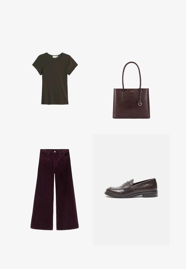Dunkelgrünes T-Shirt mit kurzen Ärmeln, gefertigt aus weichem, geripptem Stoff, mit Rundhalsausschnitt und lockerer Passform, das minimale Nähte aufweist.; Weite Cordhosen in tiefem Burgund, mit hohem Bund, Knopfverschluss und klassischem Fünf-Taschen-Design sowie gerippter Textur.; Dunkelbraune Lederloafers mit Krokodilstruktur, flachem Absatz und gesteppten Details an der Vorderseite für zusätzlichen Stil.; Braune Krokodil-Prägung Tragetasche mit zwei Griffen und einem goldenen Ringakzent. Verfügt über ein strukturiertes Design und eine glatte Textur.
