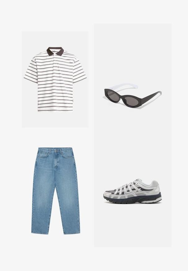 Krótki rękaw polo w kolorze białym z ciemnobrązowymi poziomymi paskami. Posiada kontrastowy ciemnobrązowy kołnierzyk oraz miękką bawełnianą tkaninę.; Jasnoniebieskie dżinsowe spodnie o szerokich nogawkach i wysokim stanie, z pięcioma kieszeniami, szlufkami na pasek oraz miękką, lekko przytłumioną fakturą.; Szare i granatowe sportowe trampki wykonane z siateczkowych i zamszowych materiałów, z teksturowaną podeszwą, nakładającymi się paskami oraz detalem logo po boku.; Czarne owalne okulary przeciwsłoneczne z błyszczącym wykończeniem i grubymi oprawkami; białe zauszniki stopniowo zwężające się, z ciemnymi szkłami.