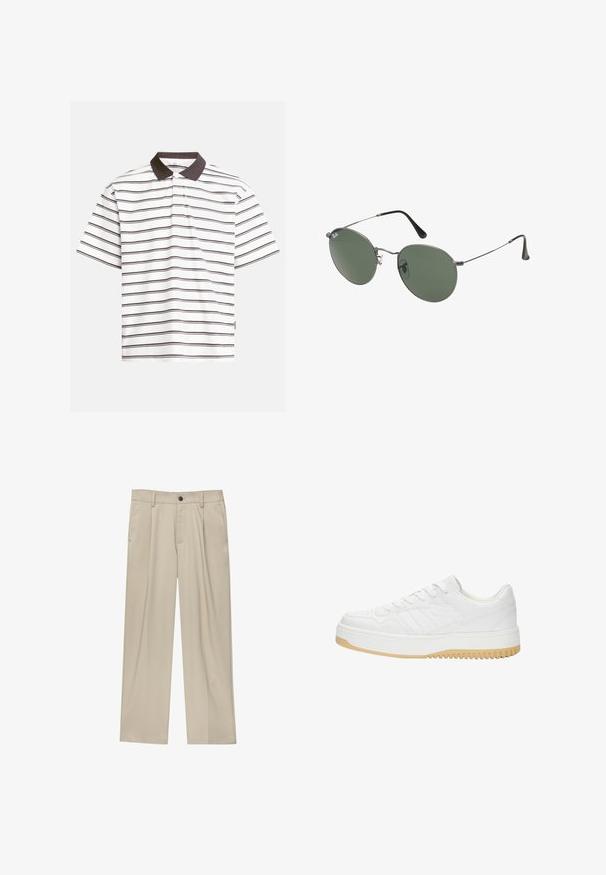 Polo din bumbac cu mânecă scurtă, de culoare albă, cu dungi orizontale maro închis. Are un guler contrastant maro închis și un material moale din bumbac.; Pantaloni bej cu croi drept, dotati cu un singur nasture negru, bucle pentru centură și buzunare laterale. Textură de țesătură netedă și design minimal.; Sneaker alb din piele cu o finisare texturată, având o talpă din cauciuc, un design cu șireturi și accente subtile sub formă de dungi pe laturi.; Ochelari de soare cu ramă metalică, dotati cu lentile ovale verzi. Ramă subțire din metal argintiu și ușițe negre. Design minimalist, fără logo-uri vizibile.