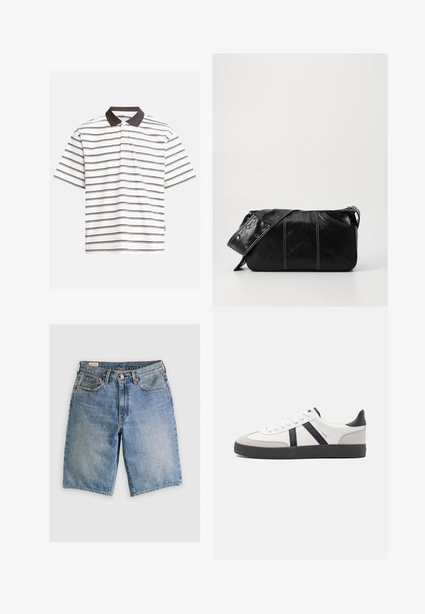 Polo a maniche corte bianco con righe orizzontali marrone scuro. Presenta un colletto a contrasto marrone scuro e tessuto in cotone morbido.; Shorts in denim azzurro chiaro con taglio classico. Presentano cinque tasche, dettagli di cucitura arancione e orli a taglio vivo.; Sneaker bianco con accenti neri e grigi, dotata di una punta grigia testurizzata, suola in gomma nera e lacci bianchi piatti. Design pulito, stile minimalista.; Borsa a spalla in pelle nera con chiusura a zip, caratterizzata da un corpo testurizzato, cuciture bianche e una tracolla con occhielli in argento.
