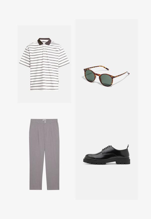 Polo košile s krátkým rukávem v bílé barvě s tmavě hnědými horizontálními pruhy. Obsahuje kontrastní tmavě hnědý límec a měkkou bavlněnou tkaninu.; Šedé kalhoty s rovný střih, obsahující dvě přední kapsy, skladby a zapínání na knoflík. Vyrobeno z lehkého materiálu.; Černé kožené šněrovací boty s kulatou špičkou, hladkým povrchem a drsnou gumovou podrážkou. Mají malý podpatek a poutko na zadní straně.; Kulaté sluneční brýle s želvovinovým vzorem, zelenými skly a tenkými obroučkami. Ozdobené kovovými detaily a texturovanými stranami.