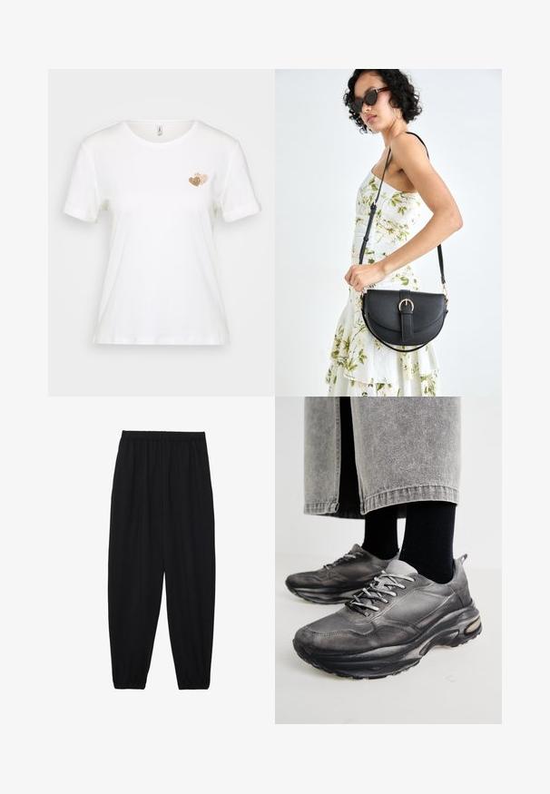 Biała koszulka z krótkim rękawem wykonana z bawełny, z małym złotym sercem na lewej piersi. Klasyczny okrągły dekolt, luźny krój.; Czarne, lekkie spodnie z elastycznym pasem i ściągaczami na kostkach. Materiał jest gładki i ma luźny, zwężany krój.; Czarno-szare buty sportowe mają siatkową cholewkę, grube podeszwy i sznurowadła. Mają zaokrąglony nosek i widoczną poduszkę amortyzującą.; Czarna skórzana torebka o zakrzywionym kształcie, z odpinanym paskiem i złotymi akcentami. Torebka posiada klapę z zapięciem w kształcie klamry.
