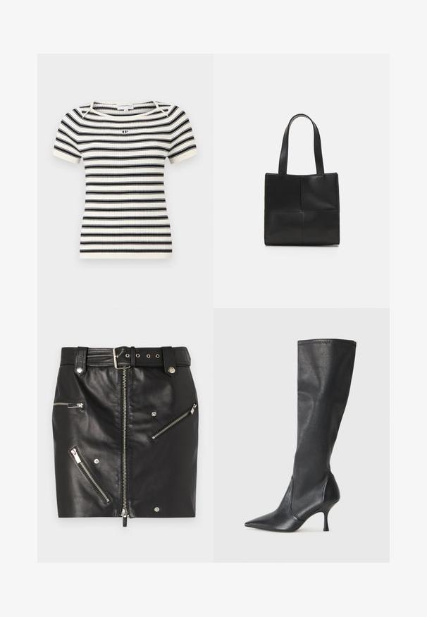 Ribakudumine lühikeste varrukatega topp, millel on horisontaalsed mustad ja valged triibud, ümmargune kaelus ja väike logo rinnal.; Mustast nahast mini seelik, millel on ees lukk, mitmed lukuga taskud, vöö koos pandlaga ja hõbedased aksessuaarid.; Knee-high mustad nahksaapad terava nina ja kitsaste stiilsete kontsadega. Sile tekstuur sobiva disainiga ja õmblused ülemisel serval.; Must must have must must must must must must must must must must must must must must must must must must must must must must must must must must must must must must must must must must must must must must must must must must must must must must must must must must must must must must must must must must must must must must must must must must must must must must must must must must must must must must must must must must.