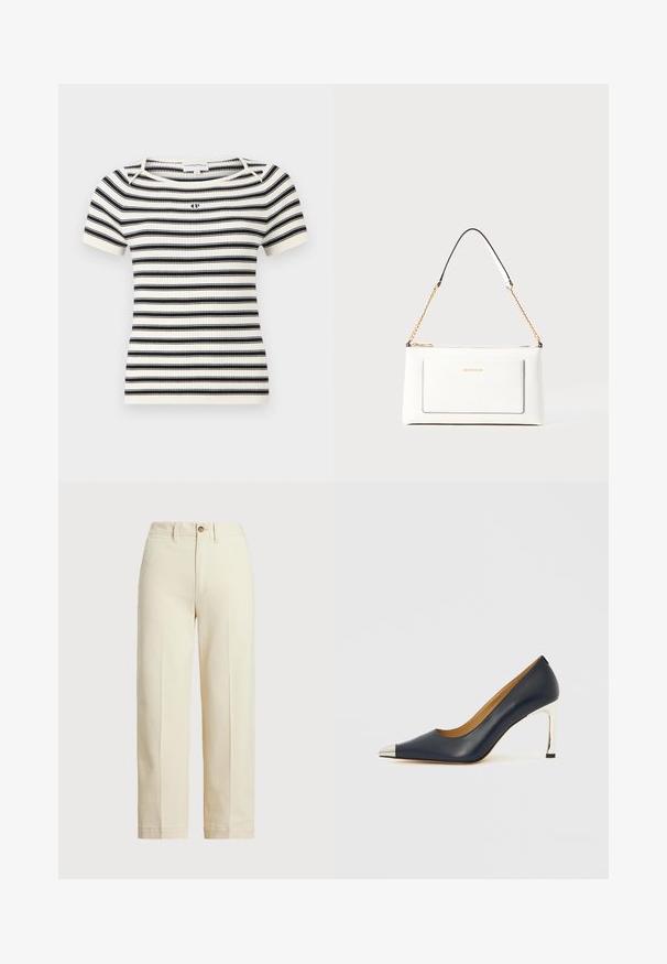 Rippstrick Kurzarmoberteil mit horizontalen schwarz-weißen Streifen, Rundhalsausschnitt und kleinem Logo auf der Brust.; Beige Baumwollhosen mit geradem Schnitt, einem Ein-Knopf-Verschluss und sichtbaren vorderen Falten. Saum sauber und ohne Muster.; Dunkelblauer Leder-Pumps mit spitz zulaufender Vorderkappe, versehen mit einer silbernen Metallkappe und einem glänzenden silbernen Stilettoabsatz.; Weißes Lederhandtasche mit strukturierter Oberfläche, ausgestattet mit einem goldenen Kettenriemen und schwarzen Akzenten. Enthält eine Fronttasche und einen Reißverschluss.