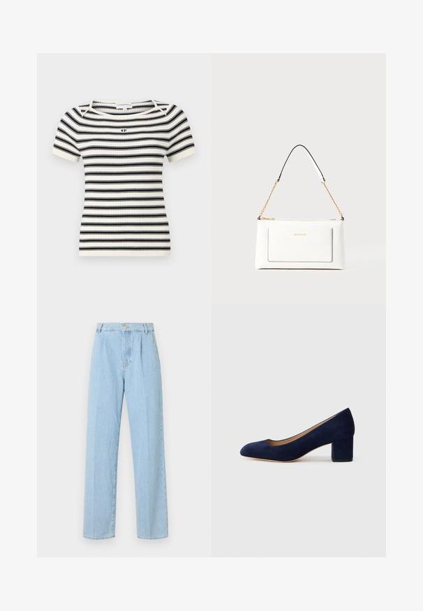 Ribbet strikket kortærmet top med vandrette sorte og hvide striber, rund halsudskæring og et lille logo på brystet.; Lyseblå denimbukser med høj talje, lige ben, læg foran og lynlås med enkel knappelukning.; Marinblå ruskinds pumps med spids tå og en mellemstor blokhæl. Glat tekstur med en subtil glans og et lille udskæringer foran.; Hvid lædertaske med tekstureret overflade, med en guldkædetras og sorte detaljer. Indeholder en frontlomme og lynlås lukning.