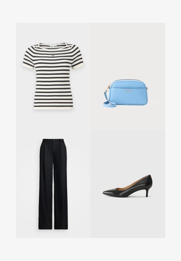 Ribbed knit short-sleeve top featuring horizontal black and white stripes, round neckline, and a small logo on the chest.; Black wide-leg trousers featuring a smooth finish, flat front, belt loops, and a single button closure at the waist.; Black leather pump with a pointed toe, low heel, and a smooth texture. Features a slight opening at the front and minimal hardware at the back.; Light blue leather crossbody bag with gold-tone hardware, zip closure, and a front pocket. Features an adjustable strap for convenience.