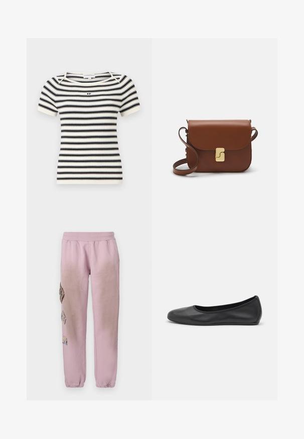 Rippstrick Kurzarmoberteil mit horizontalen schwarz-weißen Streifen, Rundhalsausschnitt und kleinem Logo auf der Brust.; Rosa Sweatpants mit elastischem Bund, verziert mit dekorativen Patches in Diamantform auf der linken Seite und elastischen Bündchen an den Knöcheln.; Schwarze Leder-Ballettschuhe mit abgerundeter Spitze, glatter Textur, minimalen Nähdetails und einem flexiblen Sohlen-Design.; Braune Ledertasche mit Klappenverschluss, Beschlägen in Goldfarbe, einem Schultergurt und einer glatten Oberfläche. Kompakte rechteckige Form.
