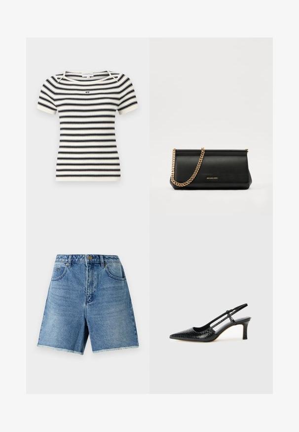 Prúžkované pletené tričko s krátkym rukávom v čiernobielych horizontálnych prúžkoch, okrúhly výstrih a malé logo na hrudi.; Džínové šortky svetlomodré farby, s vysokým pásom, zapínaním na gombík, prednými vreckami a rozstrapkaným lemom pre voľný strih.; Čierne patentové slingback topánky na ihlovom podpätku s špicatou špičkou, s textúrovaným hadím vzorom, nastaviteľným popruhom a krátkym, textúrovaným blokovým podpätkom.; Čierna kožená kabelka s retiazkou zo zlata, so hladkou textúrou, obdĺžnikovým tvarom a embosovaným logom na prednej strane.