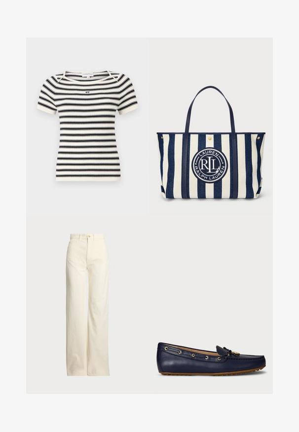 Ribbet strikket kortærmet top med vandrette sorte og hvide striber, rund halsudskæring og et lille logo på brystet.; Polo Ralph Lauren COTTON CORDUROY WIDE-LEG PANT - Bukser - warm white; Mørkeblå læder loafers med rund tå, guld hardware og dekorativ snøring. Gummisål med små trækkende punkter. Glat tekstur.; Canvas taske med navy og hvide striber, udstyret med et rundt logo mærke. Dobbelt håndtag, struktureret form og guldfarvede hardware detaljer.