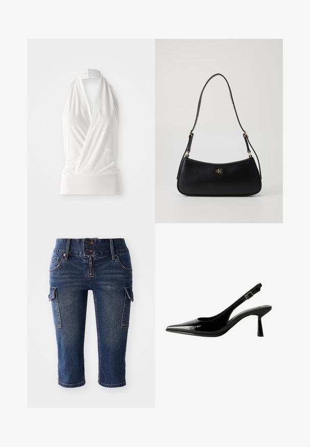 White sleeveless top with a wrap design, made of soft, lightweight fabric. Features a fitted band at the hem and a tied neck strap.; Denim capri pants featuring a dark blue wash, two side cargo pockets, and a double-button fly with a zip closure. Classic five-pocket design.; Black patent leather slingback pump with a pointed toe, cutout sides, adjustable ankle strap, and a thin, sleek heel.; Black leather handbag with a curved design, featuring a single shoulder strap and a gold "cK" logo on the front. Smooth texture and minimalist style.