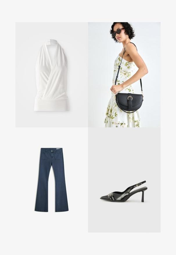 Witte mouwloze top met een wikkeldesign, gemaakt van zacht, lichtgewicht stof. Bevat een aansluitende band aan de onderkant en een strikband om de hals.; Donkerblauwe flare jeans van denim met gestikte zakken, een knoopsluiting en een soepele textuur. Beschikt over een klassieke vijfzakkenontwerp.; Zwarte gepolijste leren slingback schoenen met een puntige neus, enkelbandjes met zilveren gespen en hardware, en een slanke hak.; Zwarte leren handtas met een gebogen vorm, afneembare schouderband en gouden hardware. De tas heeft een klep met een gespsluiting.