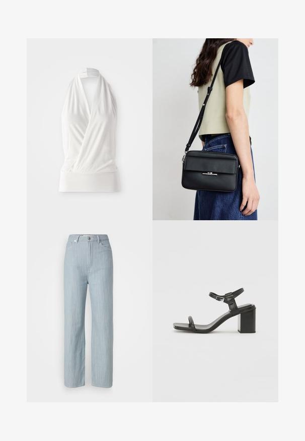 Weißes ärmelloses Top mit Wickeldesign, hergestellt aus weichem, leichtem Stoff. Verfügt über ein enges Bündchen am Saum und einen zugebundenen Halsriemen.; Helle blaue gerade geschnittene Jeans aus Denim. Verfügt über fünf Taschen, einen Metallknopfverschluss und dezente Waschungen für zusätzliche Textur.; Schwarze Leder-Sandale mit Blockabsatz und einem breiten Riemen über dem Zeh sowie einem verstellbaren Knöchelriemen, die ein schlankes, minimalistisches Design aufweist.; Calvin Klein LINEAR CAMERA BAG - Umhängetasche - black